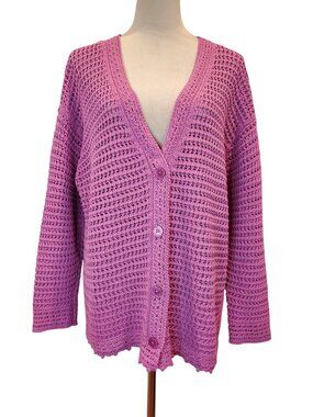 TALBOTS Open Knit Cardigan Sweater | 100% Cotton | Pink/Orchid SZ 1X